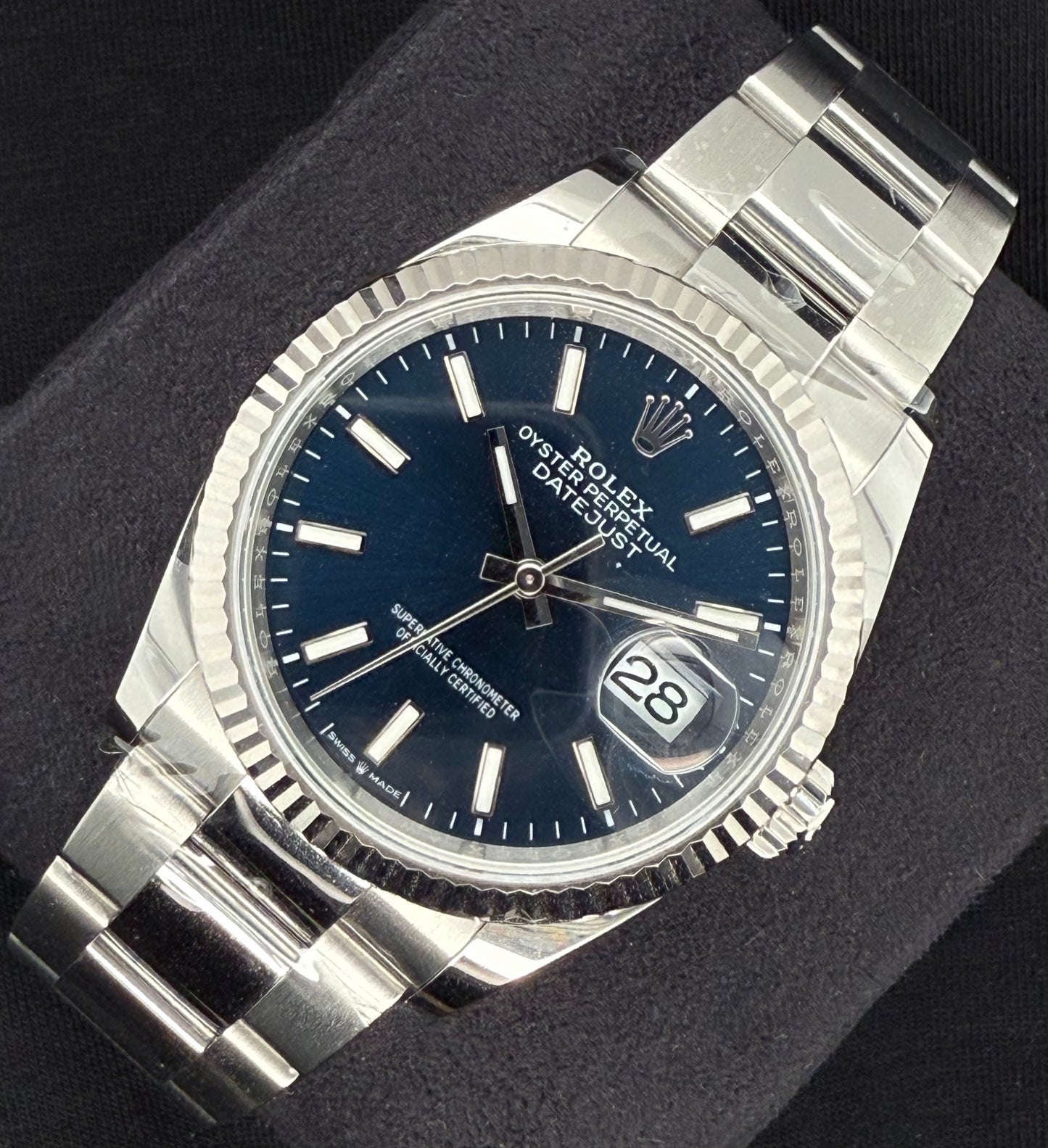 Rolex Datejust 36 Blue 'Sticks' Index Dial Fluted Oystersteel Right