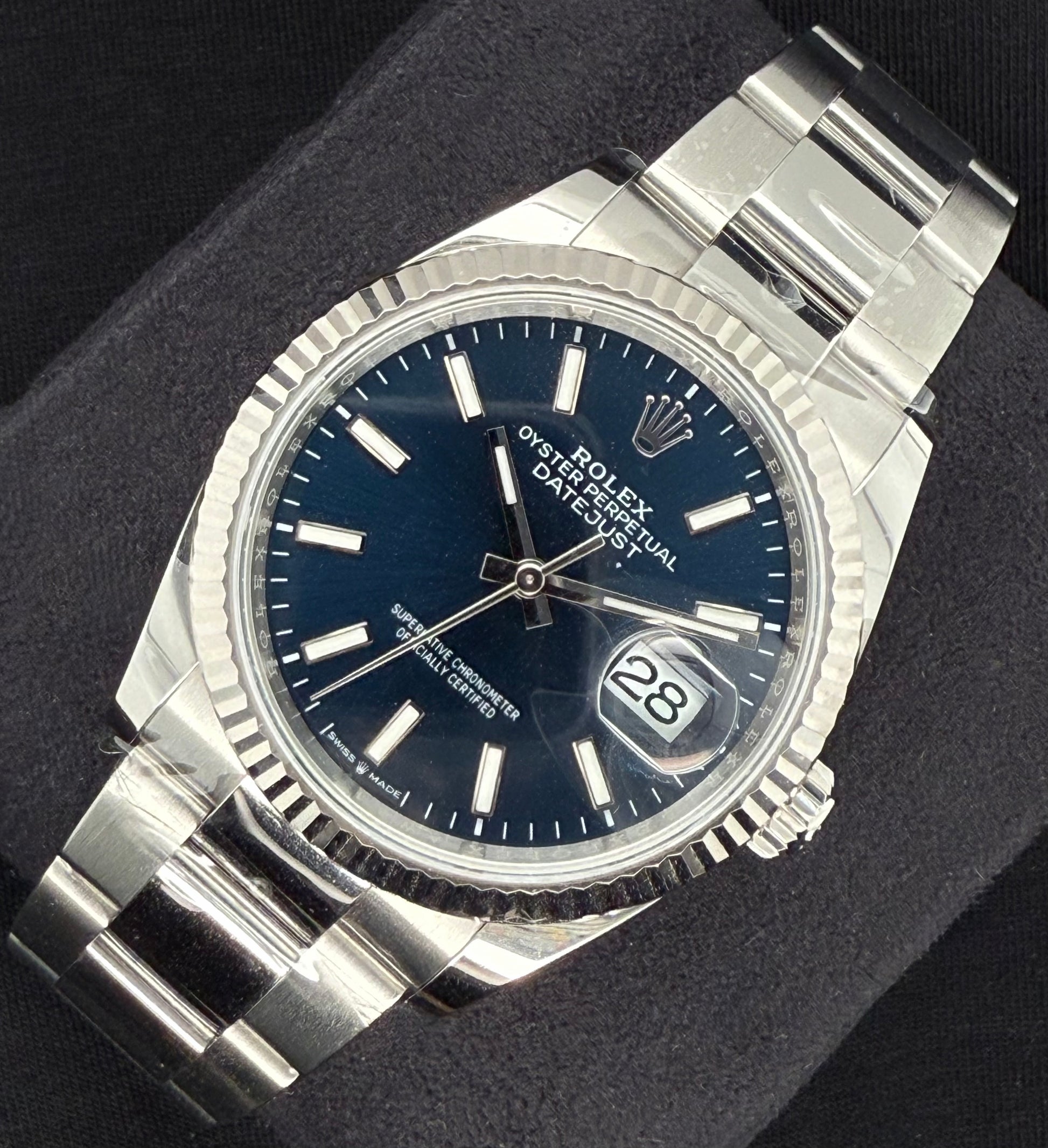 Rolex Datejust 36 Blue 'Sticks' Index Dial Fluted Oystersteel Right