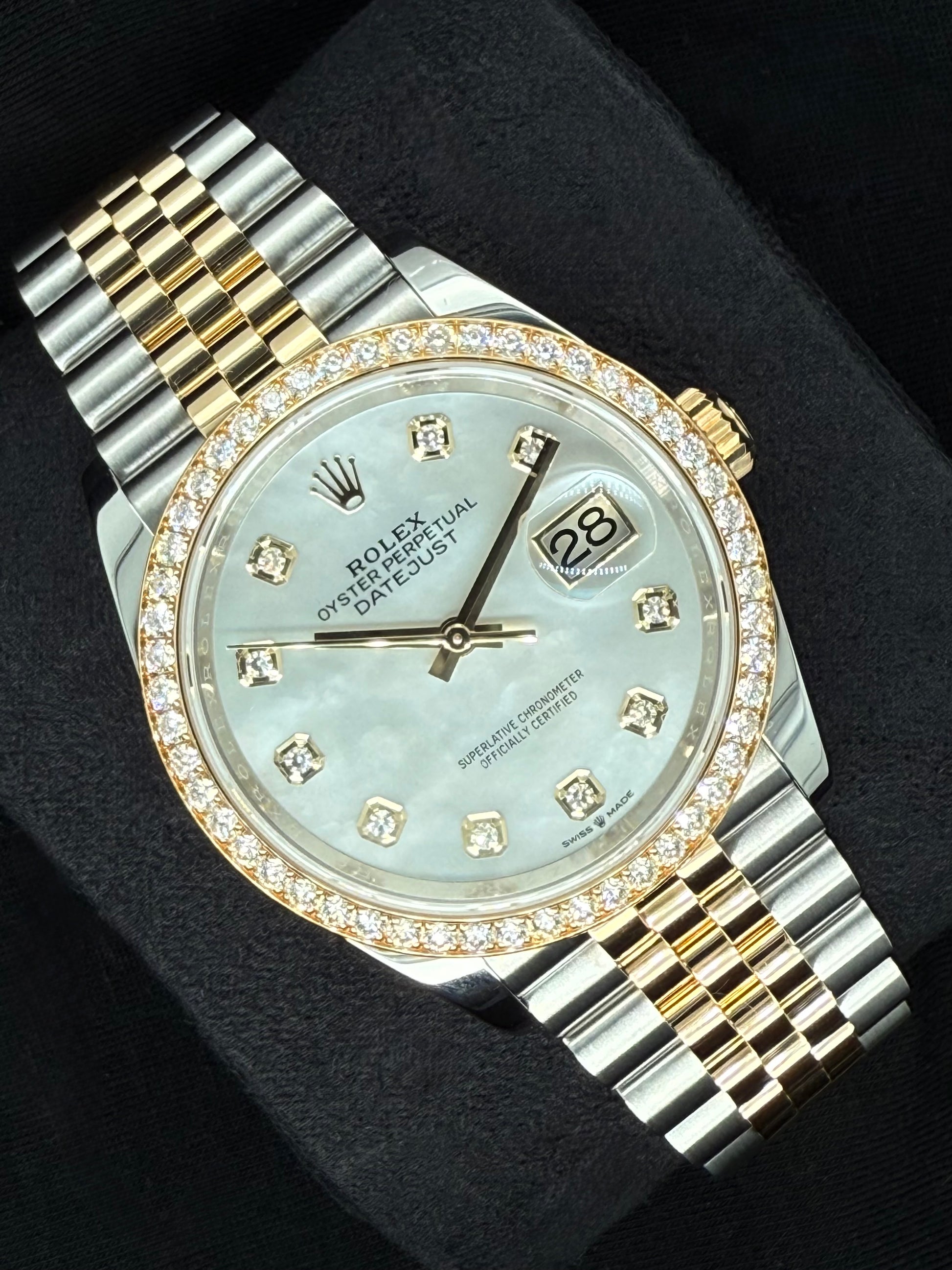 Rolex Datejust 36 Two-Tone Yellow Gold Mother of Pearl ‘MOP’ Diamond Dial with Factory-Set Diamond Bezel 126283RBR left