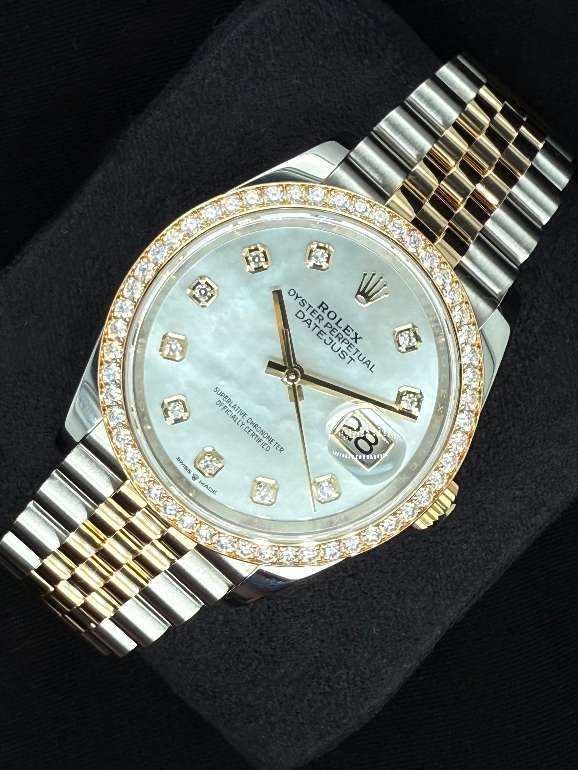 Rolex Datejust 36 Two-Tone Yellow Gold Mother of Pearl ‘MOP’ Diamond Dial with Factory-Set Diamond Bezel 126283RBR right