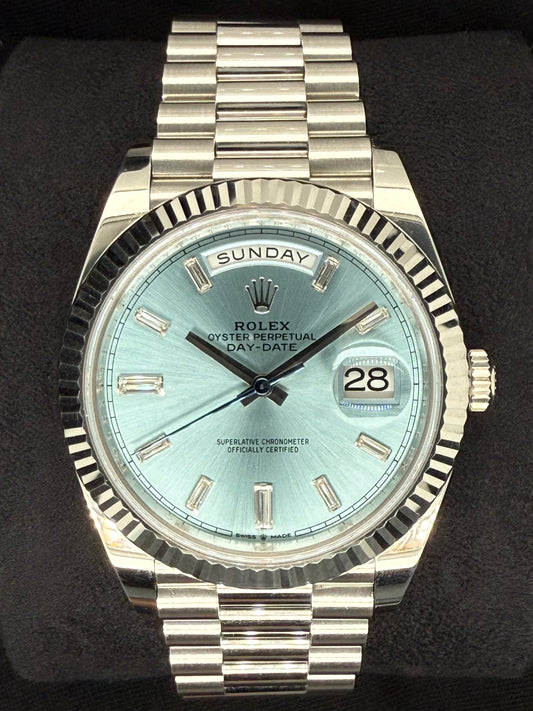 Rolex Day-Date 40 Platinum Ice Blue Diamond Baguette Dial 228236