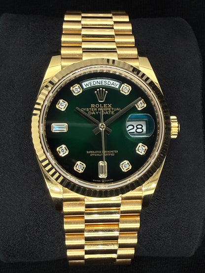 Rolex Day-Date 36 Ombré Green Diamond Dial Yellow Gold 128238 | 2023 | 36mm