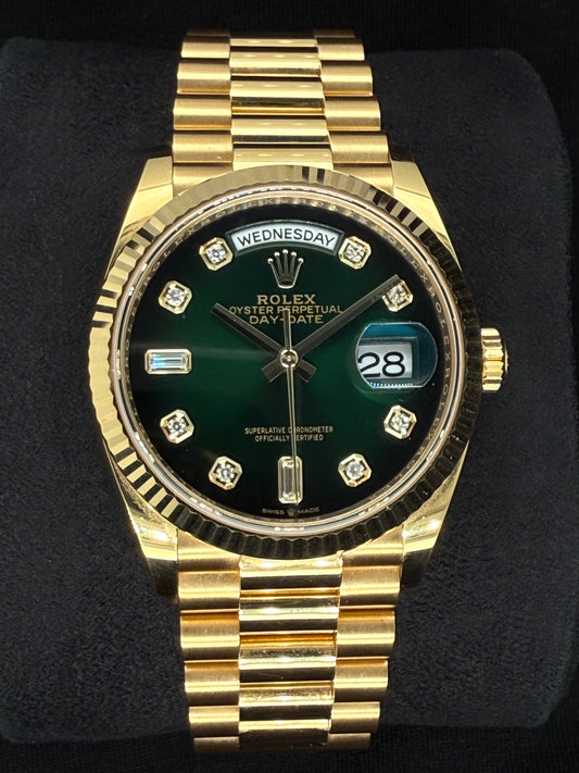 Rolex Day-Date 36 Ombré Green Diamond Dial Yellow Gold 128238 | 2023 | 36mm
