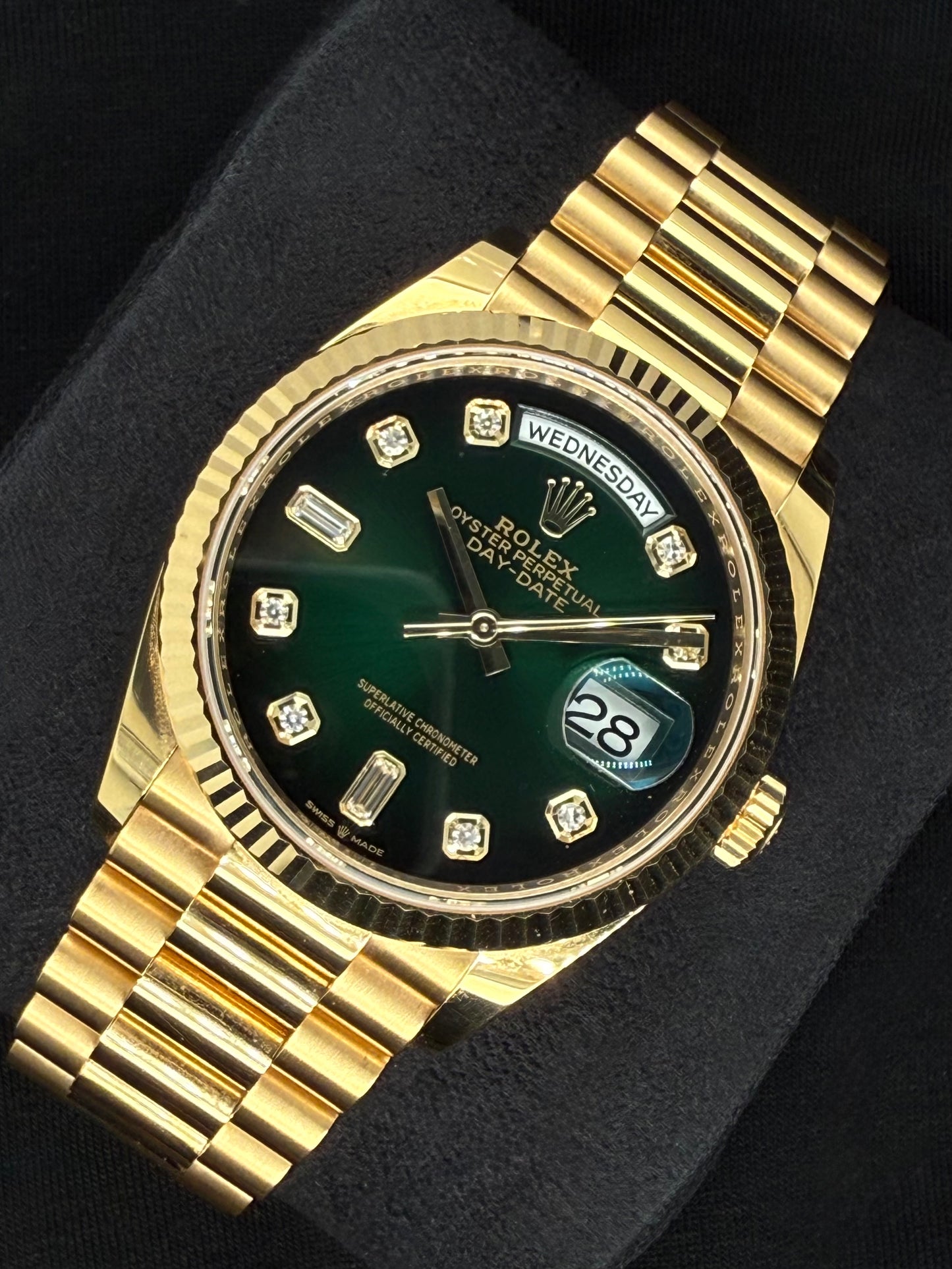 Rolex Day-Date 36 Ombré Green Diamond Dial Yellow Gold 128238 | 2023 | 36mm