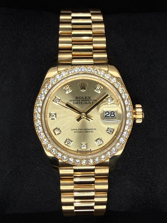 Rolex Lady Datejust 18ct Yellow gold with Champagne Diamond Dial and Factory-Set Diamond Bezel 279138RBR | 2021 | 28mm