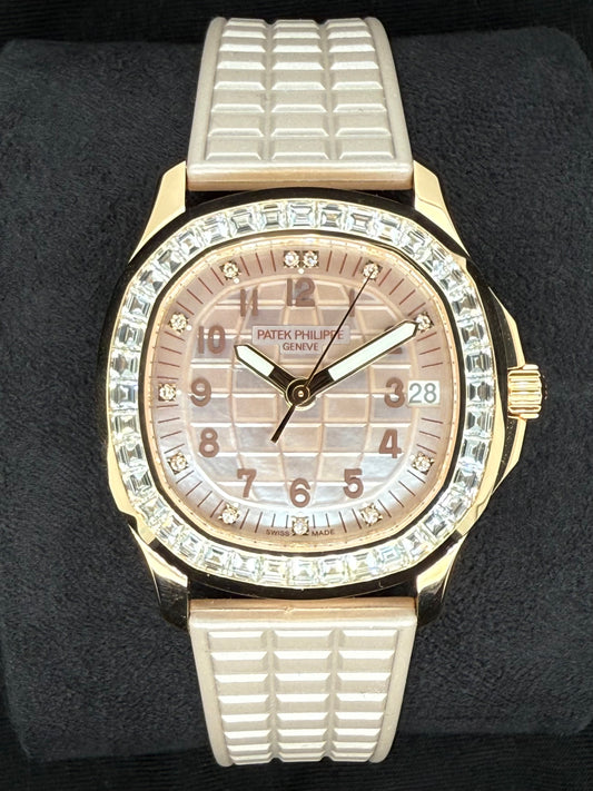 Patek Philippe Aquanaut Luce Haute Joaillerie Rose Gold Mother of Pearl Diamond Dial and Diamond Baguette Bezel 5072R-001 |  2025 | 35.6 mm