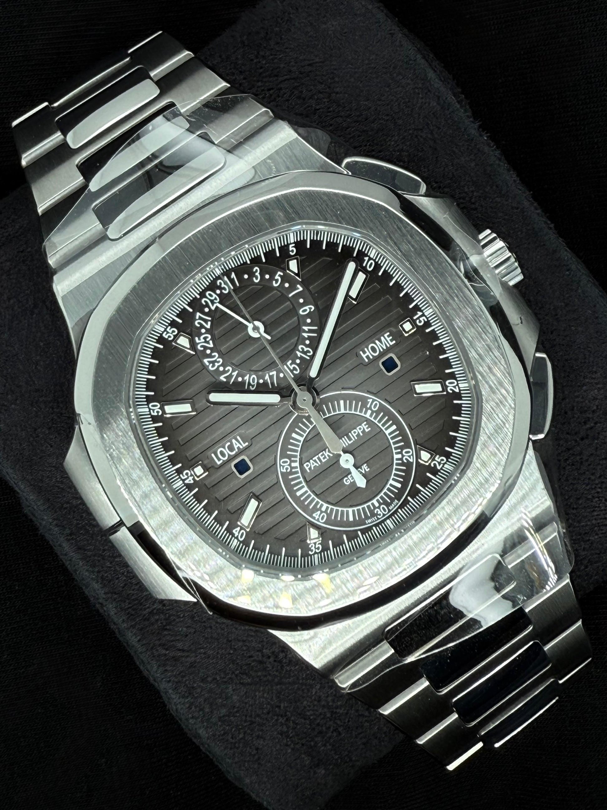 Patek Philippe Nautilus Travel Time Chronograph Black Noir Trame Dial Stainless Steel 5990/1A-001 left