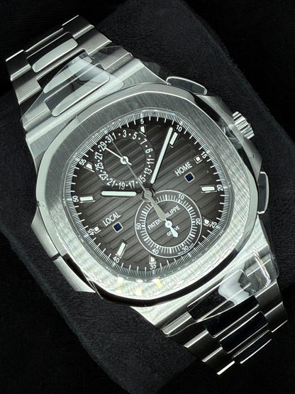 Patek Philippe Nautilus Travel Time Chronograph Black Noir Trame Dial Stainless Steel 5990/1A-001 left