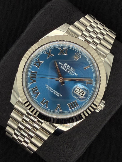 Rolex Datejust 41 Azzurro Blue Roman Dial Fluted Bezel Steel Jubilee 126334 | 2025 | 41mm