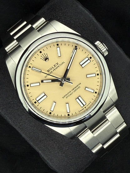 Rolex Oyster Perpetual 41 Beige Yellow Dial Oyster Bracelet 134300 left