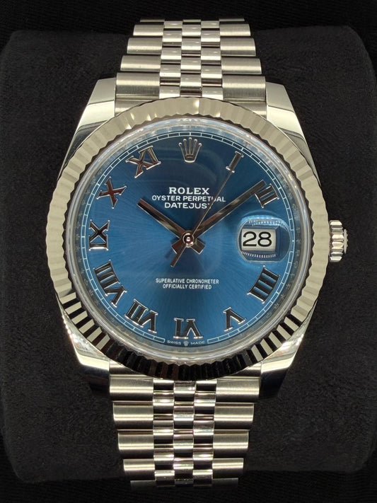 Rolex Datejust 41 Azzurro Blue Roman Dial Fluted Bezel Steel Jubilee 126334 | 2025 | 41mm